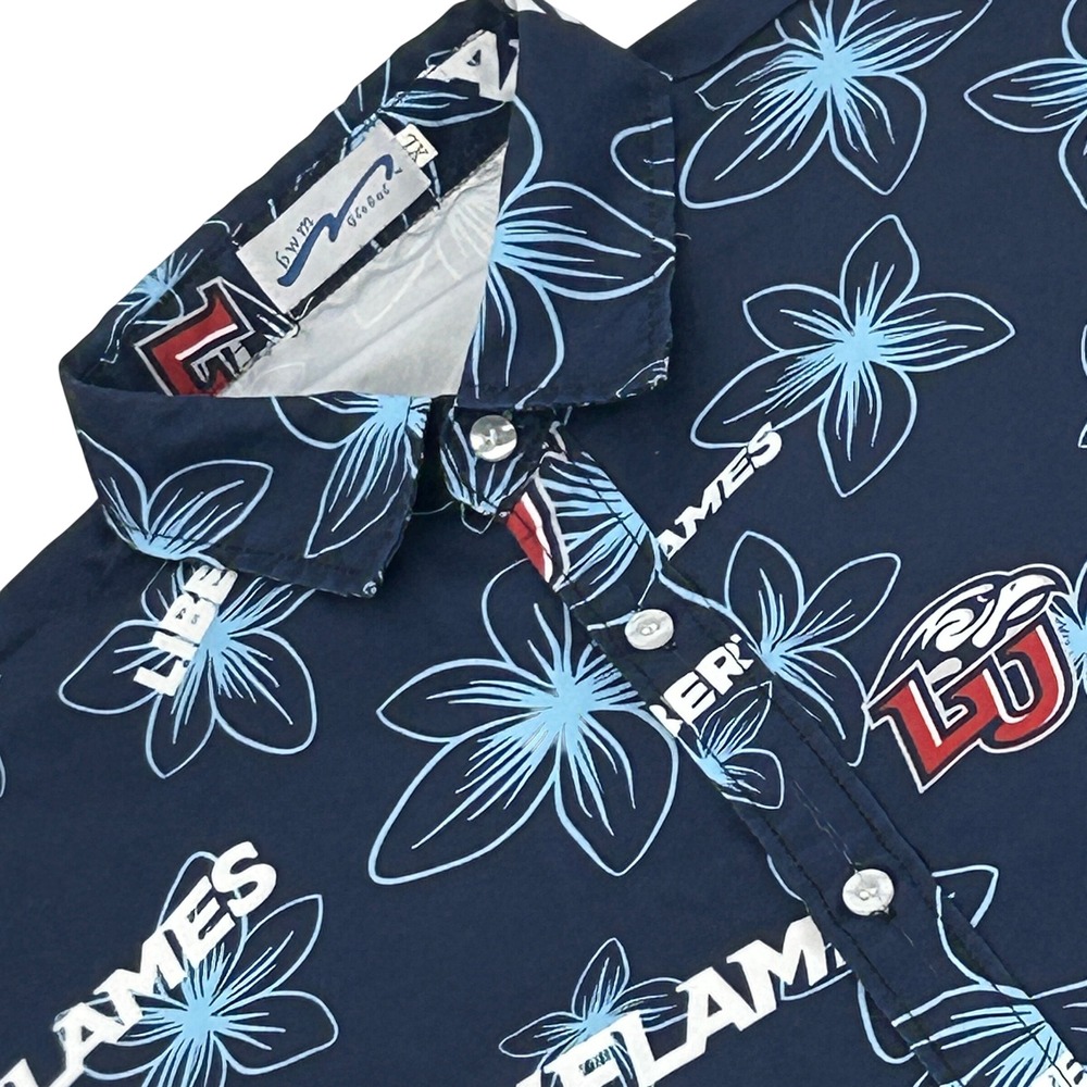 Liberty Flames Shirt Mens XL Navy Blue Floral bwm Global Tropical Button Up